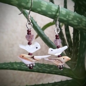 Dangle earrings birds hand carved from shell, pietersite, natural colors, lovebirds