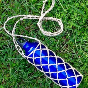Bottle Carrier - hemp, hand crocheted fishnet style