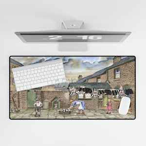 Puede incluir: Una ilustración de acuarela de una fila de casas de ladrillo con ropa colgada en un tendedero. La ropa incluye camisas a rayas blancas y negras con números. Una mujer está colgando la ropa, un niño está jugando con una pelota y una niña está de pie junto a una puerta. Un teclado blanco está en primer plano.