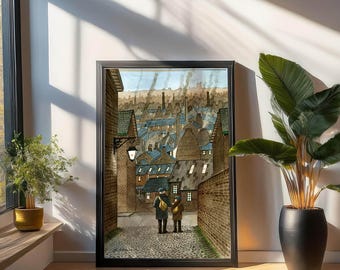 May include: A watercolour painting of a narrow street in a town with buildings on both sides. The street is lined with brick buildings and there are two figures walking in the street. The buildings in the background are all brick and have smoke coming from their chimneys.