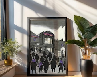May include: A framed artwork depicting a grayscale scene of a building with the word "VILLA" above the entrance. Silhouetted figures ascend a staircase. The artwork is displayed on a wooden floor, next to a large potted plant and a window.