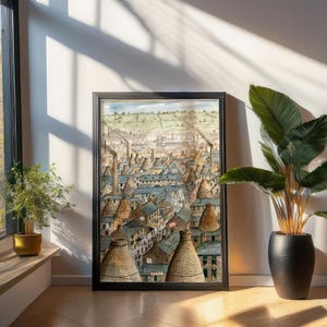 May include: A vintage watercolor illustration of a town with many buildings, depicting a historical scene of a town with many chimneys. The illustration is framed in a black frame.