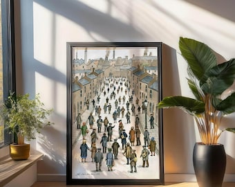May include: A watercolour painting depicting a street scene with a crowd of people walking down a narrow street lined with buildings. The buildings are all brick and have windows and doors. The people are all dressed in 19th-century clothing. The painting is framed in black.