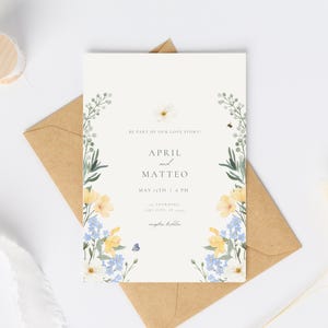 Modèle de faire-part de mariage fleurs sauvages, faire-part de mariage floral bleu jaune modifiable, faire-part aquarelle imprimable, faire-part de mariage romantique