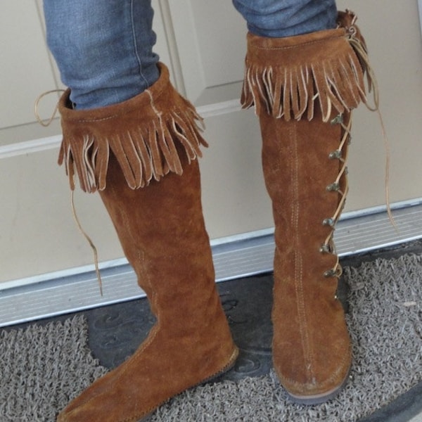 Vintage Knee High Moccasin boots - Lace up, with Fringe 8.5 - 9