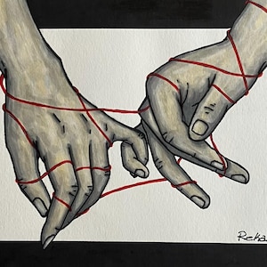 May include: A painting featuring two grey-toned hands with fingers intertwined, wrapped in a thin red string that loops around the wrists and fingers. The artwork is set against a white rectangular background with a black border and signed Reka.