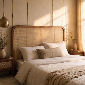May include: A bedroom with a bed featuring a woven headboard and cream-coloured bedding. A decorative pillow and a throw blanket add texture. A brass pendant light hangs above the bed, and a nightstand is visible on the left.