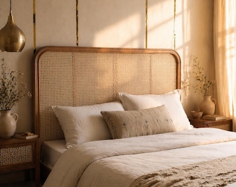 Luxury Rattan Headboard – Elegant Woven Bed Panel – Natural Bedroom Statement Piece – Handmade Wall Headboard .