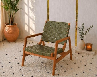 Asiento auxiliar de cuero trenzado – Pieza de salón rústica de estilo bohemio chic – Decoración moderna.