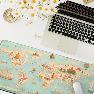 May include: A blue and beige world map mousepad with a vintage design. The map features various landmarks and illustrations. The mousepad is on a white surface with a laptop and a notebook.