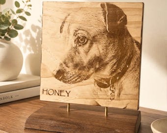 Custom Pet Portrait on Wood | Personalized Dog & Cat Engraving | Laser Engraved Pet Keepsake | Walnut and Brass Stand