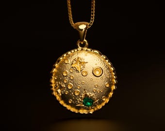 Mercury Necklace - The Mercurian Nomad Pendant- Inspired by the Solar System - 18K Gold Vermeil - Emerald