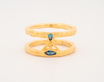 Milky Way and Andromeda Ring - Celestial Waltz, Sapphire & Moissanite - 18K Gold Vermeil