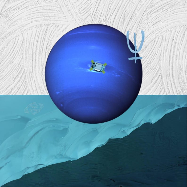 May include: A blue planet with a small spacecraft on its surface. The planet is surrounded by a white background with a blue and green wave-like pattern at the bottom. The symbol for Neptune is drawn in the upper right corner.