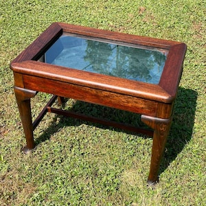 Custom Walnut Victorian-Style Display Table with Hinged Glass Top