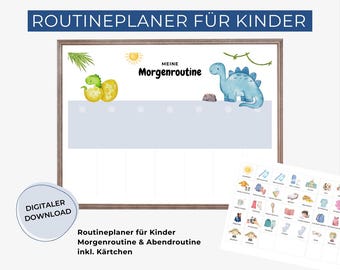 May include: A printable routine planner for kids featuring a dinosaur and a sun. The planner is designed for both morning and evening routines and includes a set of cards. The text on the planner reads "Meine Morgenroutine" and "Routineplaner für Kinder Morgenroutine & Abendroutine inkl. Kärtchen".