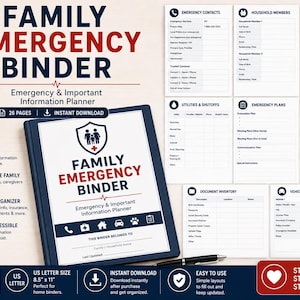 Peut inclure: Un classeur d'urgence familiale avec 26 pages imprimables. La couverture présente une icône de bouclier avec une silhouette de famille et le texte Family Emergency Binder. Inclut des sections pour les contacts, la santé et des listes.