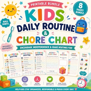 May include: A printable bundle of kids' daily routine and chore charts featuring colorful graphics of a sun, backpack, toothbrush, and alarm clock. The set includes morning, after school, and evening routines, a weekly chore chart, and habit trackers.