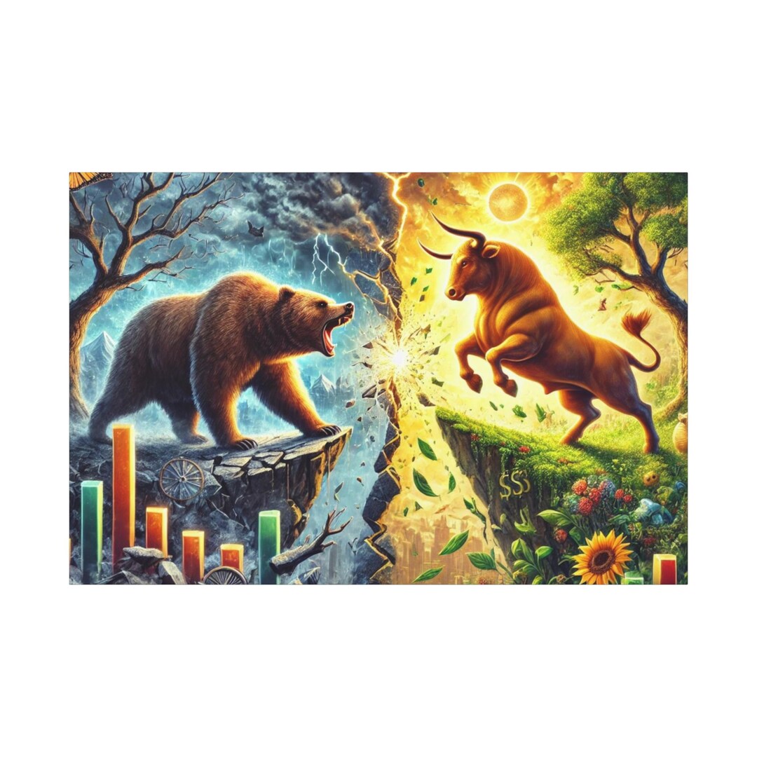 bull & bear digital prints, stock market art, wall... Bull Vs Bear Market Canvas Wall Art | Stock Trading Room Decor ...
