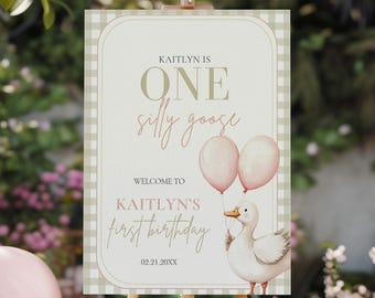 Puede incluir: Un caballete de madera exhibe un letrero con el texto "Kaitlyn is ONE silly goose" y "Kaitlyn's first birthday". El letrero presenta un ganso de dibujos animados y globos. Globos rosas y blancos y arreglos florales decoran el fondo, creando un ambiente festivo.