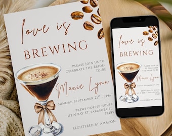 Faire-part nuptiale Love Is Brewing, thème café, invitation martini expresso (téléchargement numérique)