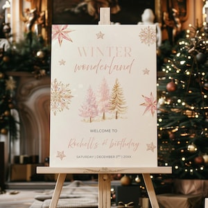 Pink Winter Onederland Welcome Sign, Welcome Birthday Party Sign, Winter Welcome Poster, Snowflake Sign, Christmas Birthday Sign Printable