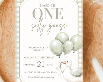 One Silly Goose Birthday Invitation, Green Gingham First Birthday Boy Invite, Boy 1st Birthday Party Decor, Printable Goose Invite Template