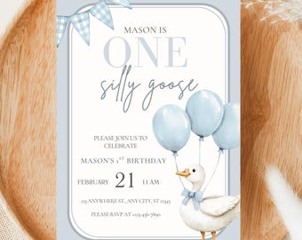 Blue Silly Goose Birthday Invitation,Goose First Birthday Boy, Blue 1st Birthday Invitation,Printable Goose Invite Template,Digital Download
