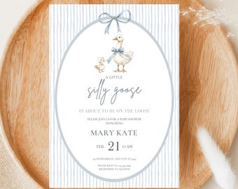Editable Silly Goose Baby Shower Invitation, Boy Goose Baby Shower Digital Invite, Blue Baby Shower Invite Template, Instant Download