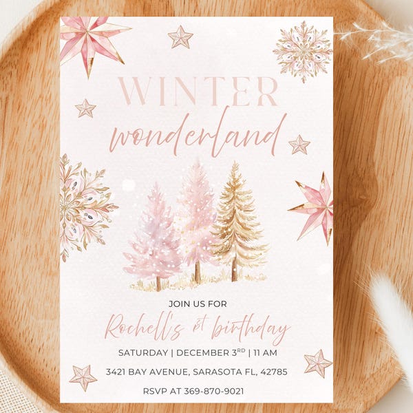 Editable Winter Onederland Invitation, First Birthday Winter Wonderland,Pink December Christmas, Girl First Birthday Invite Digital Download