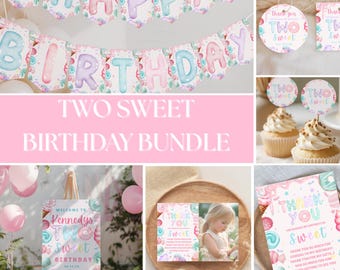 Two Sweet Birthday Party Bundle, Sweets Birthday Invite Girl, 2 Year Old Birthday Girl Invite, Editable Birthday Girl Bundle