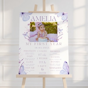 Een jaar gefladderd door mijlpaalbord 1e verjaardag, bewerkbare vlinder eerste jaar mijlpaalposter, grillig decor 1e verjaardagsfeestje, Canva
