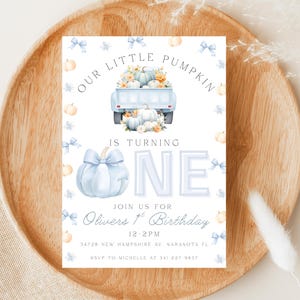 Un petit modèle d'Invitation pour le 1er anniversaire de citrouille, invitation numérique modifiable pour le premier anniversaire de garçon citrouille, Invitation d'anniversaire garçon automne bohème