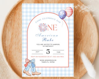 One American Babe 1st Birthday Invitation, 4th Of July 1st Birthday, Red White And Blue Birthday, All American Girl,Patriotic Birthday Party