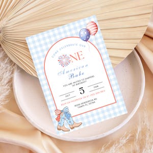 One American Babe 1st Birthday Invitation 4th Of July Red,White,Blue Gingham Birthday All American Girl Invitation Patriotic Birthday Party