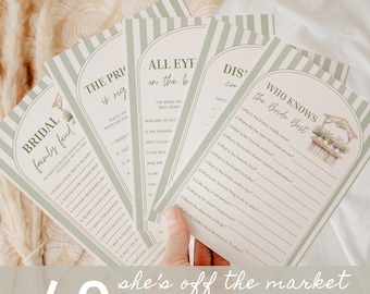 May include: A set of printed bridal shower game cards featuring a sage green and white striped border with an arched frame design. The cards include titles such as Bridal Family Feud, All Eyes on the Bride, and Who Knows the Bride Best with text.