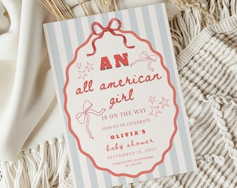 Editable All American Girl Baby Shower Invite, 4th Of July Baby Shower Digital Invite, Girl Coquette Bow Baby Shower Invite Template