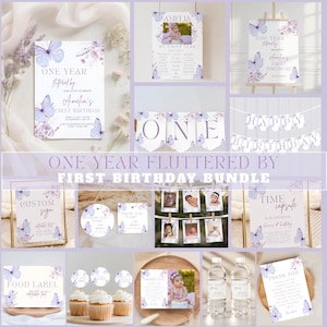 May include: A first birthday party decoration bundle featuring a butterfly and floral theme in shades of purple. The set includes invitations, milestone boards, banners, food labels, thank you tags, water bottle labels, and photo display cards.