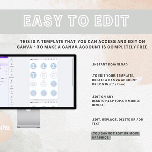 May include: A computer screen showing a Canva design template with a blue and pink colour scheme. The template features a set of 9 round stickers with the number "1" and the text "First Birthday". The text "INSTANT DOWNLOAD" is displayed on the screen, along with instructions on how to edit the template using Canva.