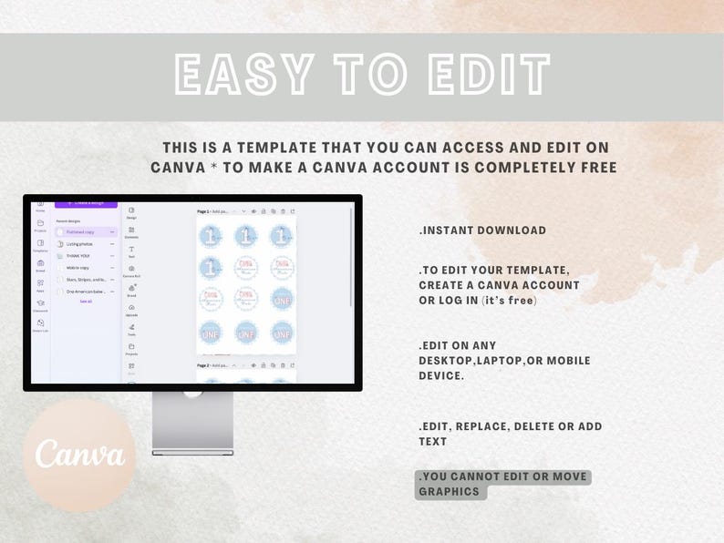 May include: A computer screen showing a Canva design template with a blue and pink colour scheme. The template features a set of 9 round stickers with the number "1" and the text "First Birthday". The text "INSTANT DOWNLOAD" is displayed on the screen, along with instructions on how to edit the template using Canva.