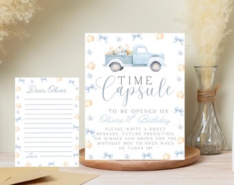 May include: A set of two cards with a time capsule theme. One card is a fill-in-the-blank letter, the other features a blue truck carrying pumpkins. Text includes "Time Capsule" and "Oliver's 18th Birthday."