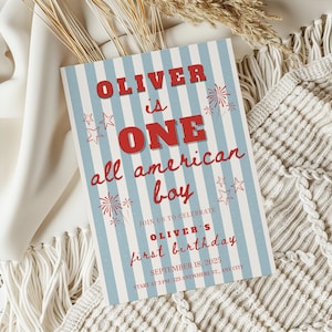 Convite digital para o primeiro aniversário de um menino tipicamente americano, com tema vermelho, branco e azul, editável para o 4 de julho, perfeito para comemorar o primeiro aniversário com beisebol.