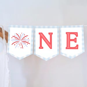 Blue And White Gingham Birthday Banner One American Babe One All American Girl Banner Highchair Banner one 4th of July Patriotic Birthday