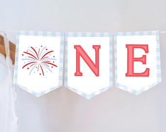 Blue And White Gingham Birthday Banner One American Babe One All American Girl Banner Highchair Banner one 4th of July Patriotic Birthday