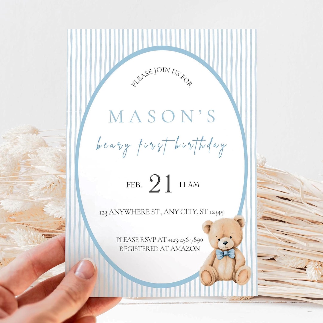 Beary First Birthday Boy Invitation Digital, Teddy Bear Birthday Party ...