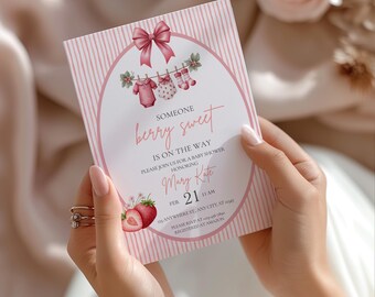 Strawberry Baby Shower Invitation, Editable Pink Baby Shower Invite, Berry Sweet Baby Shower Digital Invite Template