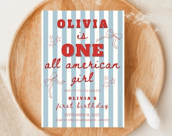 One All American Girl 1st Birthday Digital Invite, Red White And Blue Birthday, Editable 4th Of July 1st Birthday, Coquette Bow Invite