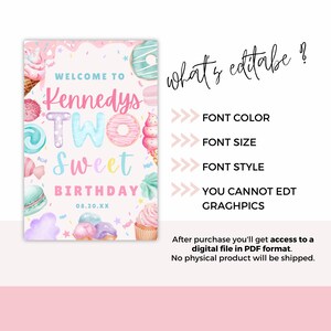 Puede incluir: Un letrero digital para una fiesta de cumplea&ntilde;os con un fondo rosa y blanco. El letrero dice "Welcome to Kennedys Two Sweet Birthday" con ilustraciones coloridas de dulces. El texto "what's editable?" tambi&eacute;n est&aacute; presente, junto con detalles sobre el formato del archivo.