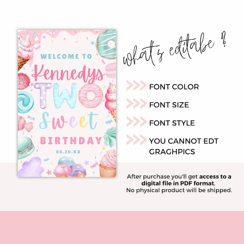 Puede incluir: Un letrero digital para una fiesta de cumplea&ntilde;os con un fondo rosa y blanco. El letrero dice "Welcome to Kennedys Two Sweet Birthday" con ilustraciones coloridas de dulces. El texto "what's editable?" tambi&eacute;n est&aacute; presente, junto con detalles sobre el formato del archivo.