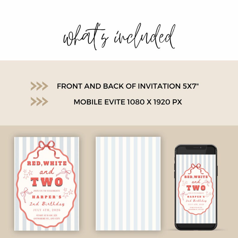 May include: Digital invitation design for a second birthday. The design includes a front and back invitation, a mobile evite, and features the text "Red, White, and Two" in a decorative frame, with the birthday details.